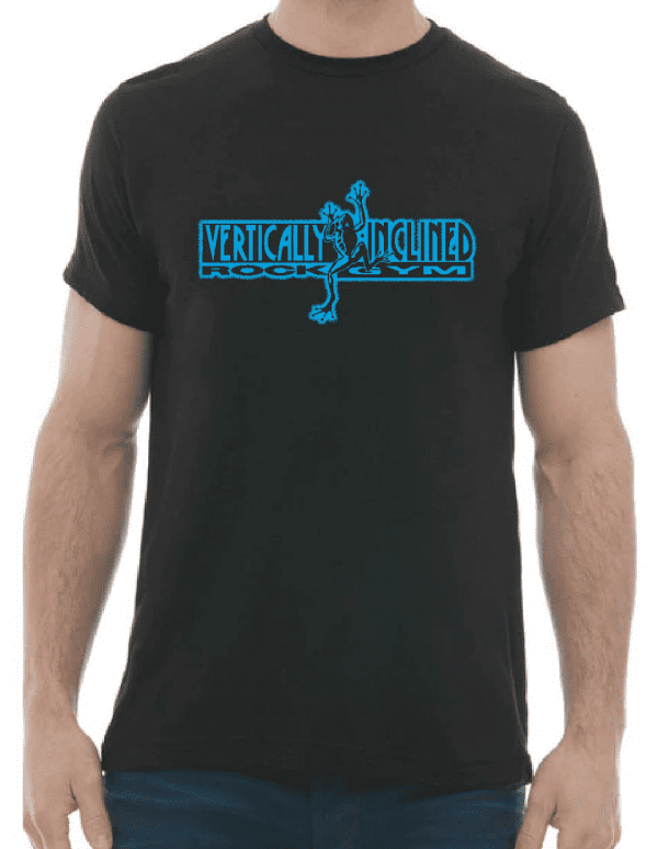 Vertically Inclined Rock Gym logo on shirt